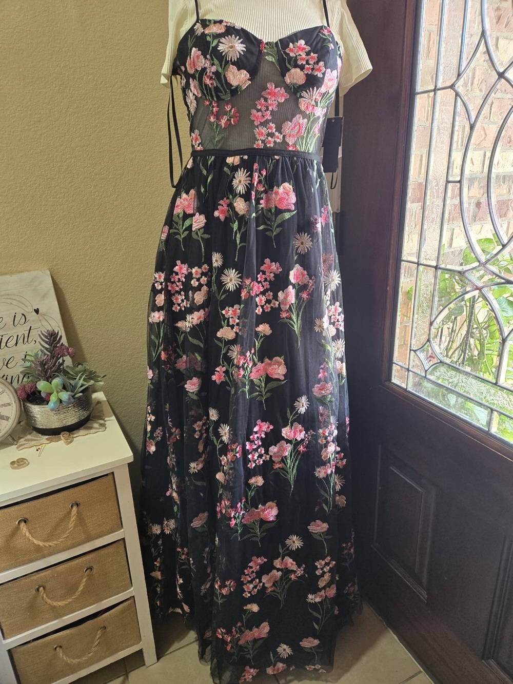 Black Floral Embroidered Maxi Dress with Pink & White Flowers